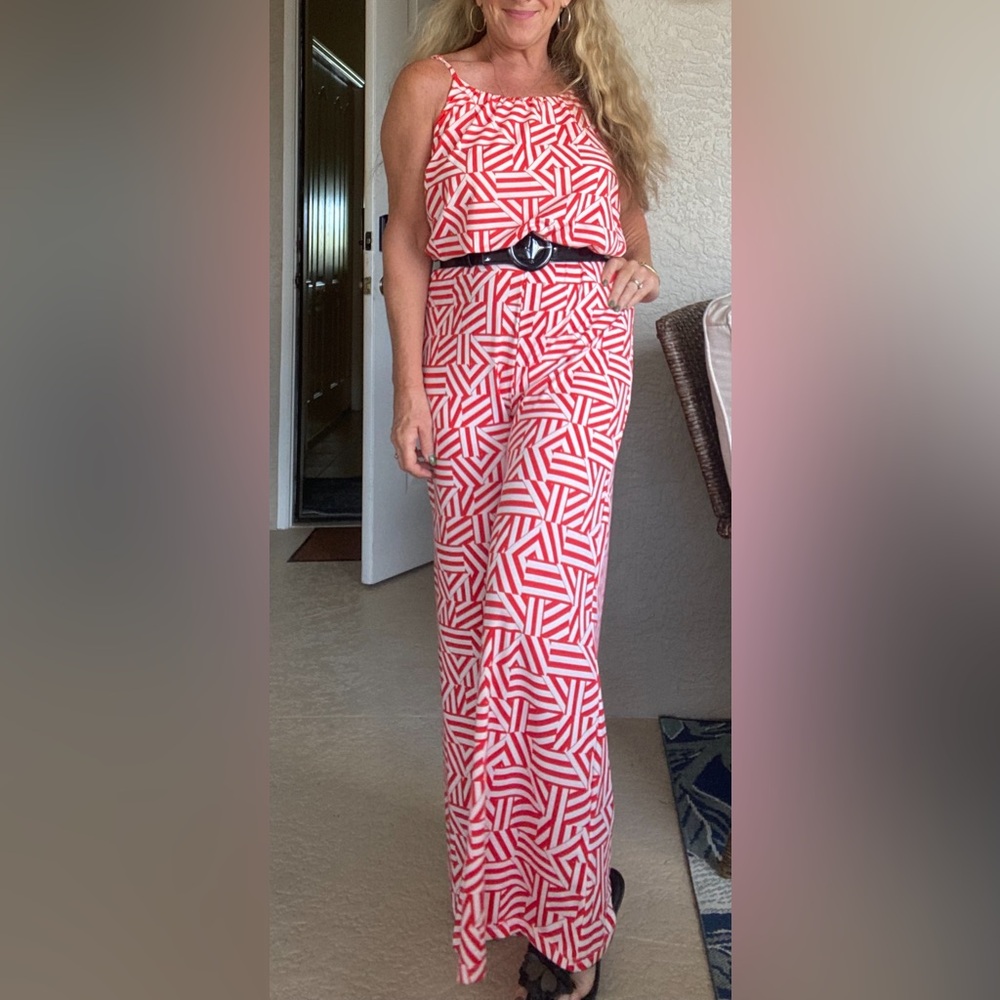 Bohemian Red and White Jumpsuit with Wide-Leg Silhouette